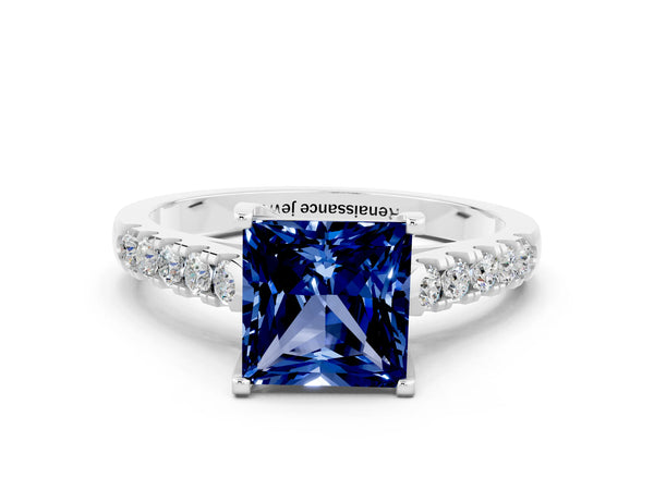 White gold Princess Cut Blue Sapphire Pavé Band Solitaire Ring with Prong Setting