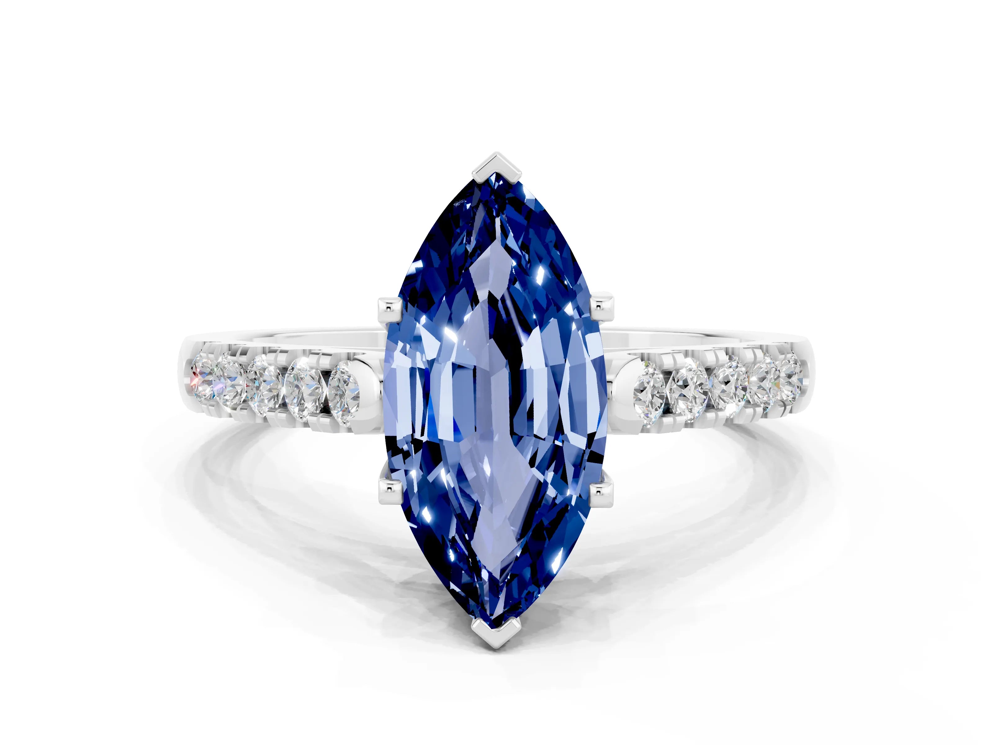 White gold {shape_name} Blue Sapphire Solitaire Ring with Pavé Band and Four-Prong Setting_12