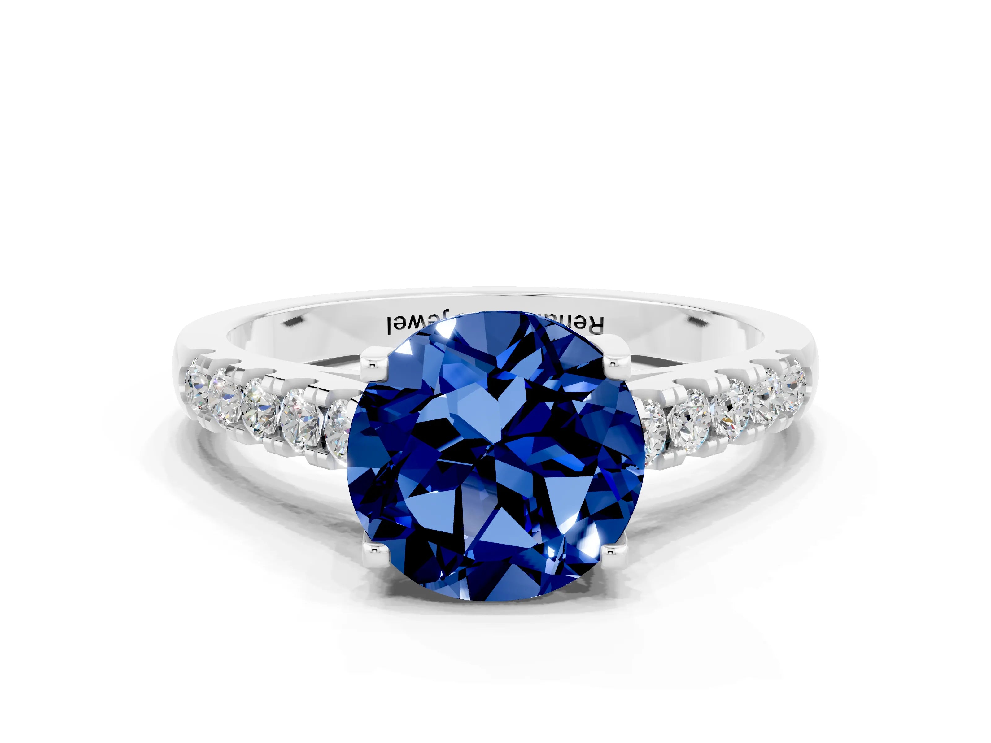 White gold {shape_name} Blue Sapphire Solitaire Ring with Pavé Band and Four-Prong Setting_12