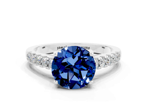 White gold {shape_name} Blue Sapphire Solitaire Ring with Pavé Band and Four-Prong Setting_12