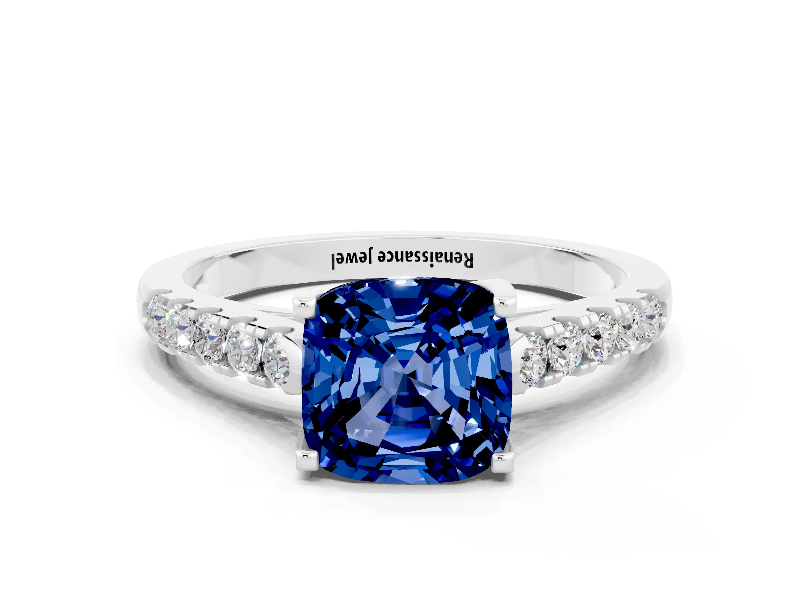 White gold {shape_name} Blue Sapphire Solitaire Ring with Pavé Band and Four-Prong Setting_12