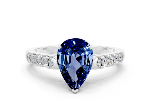 White gold {shape_name} Blue Sapphire Solitaire Ring with Pavé Band and Four-Prong Setting_12