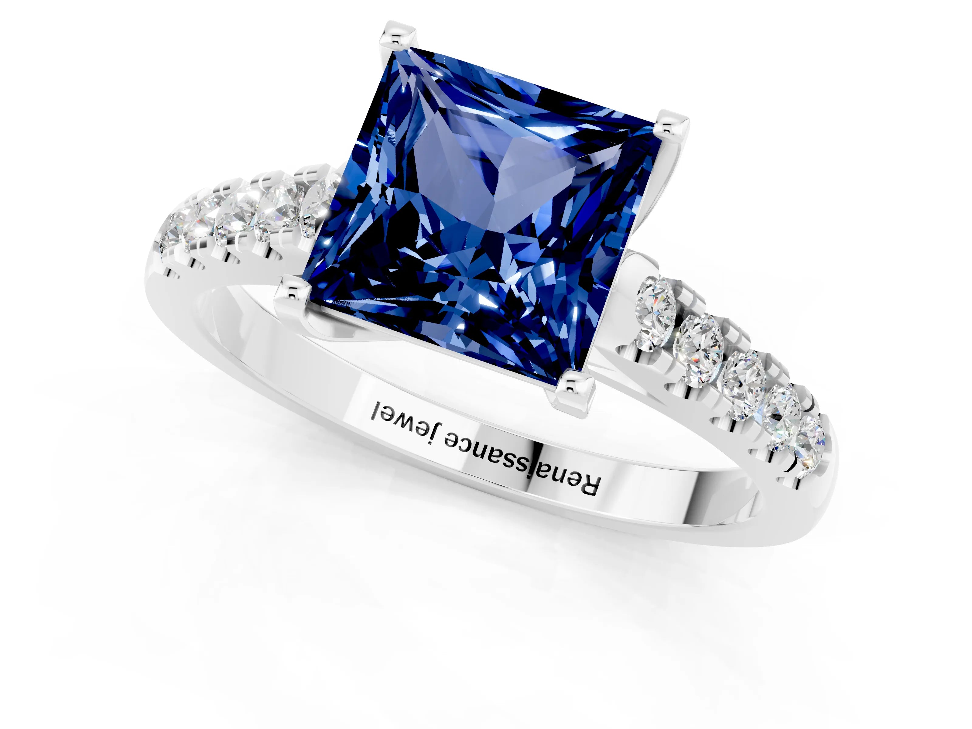 White gold {shape_name} Blue Sapphire Solitaire Ring with Pavé Band and Four-Prong Setting_13