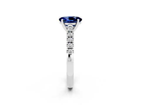 White gold {shape_name} Blue Sapphire Solitaire Ring with Pavé Band and Four-Prong Setting_14