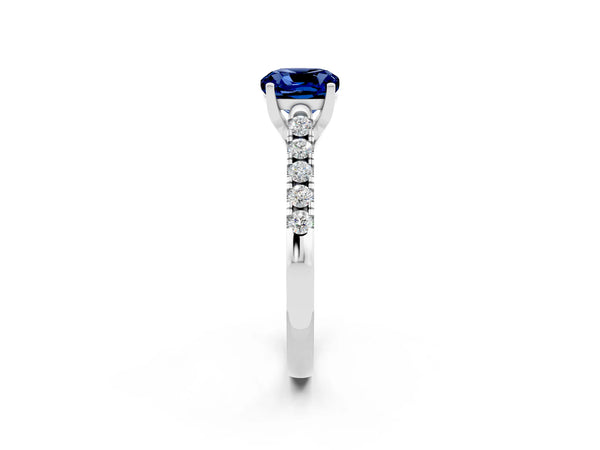 White gold Cushion Cut Blue Sapphire Pavé Band Solitaire Ring with Prong Setting