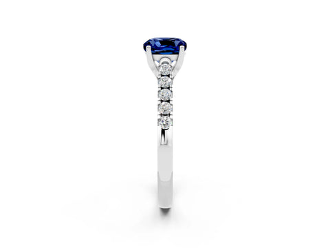 White gold {shape_name} Blue Sapphire Solitaire Ring with Pavé Band and Four-Prong Setting_14