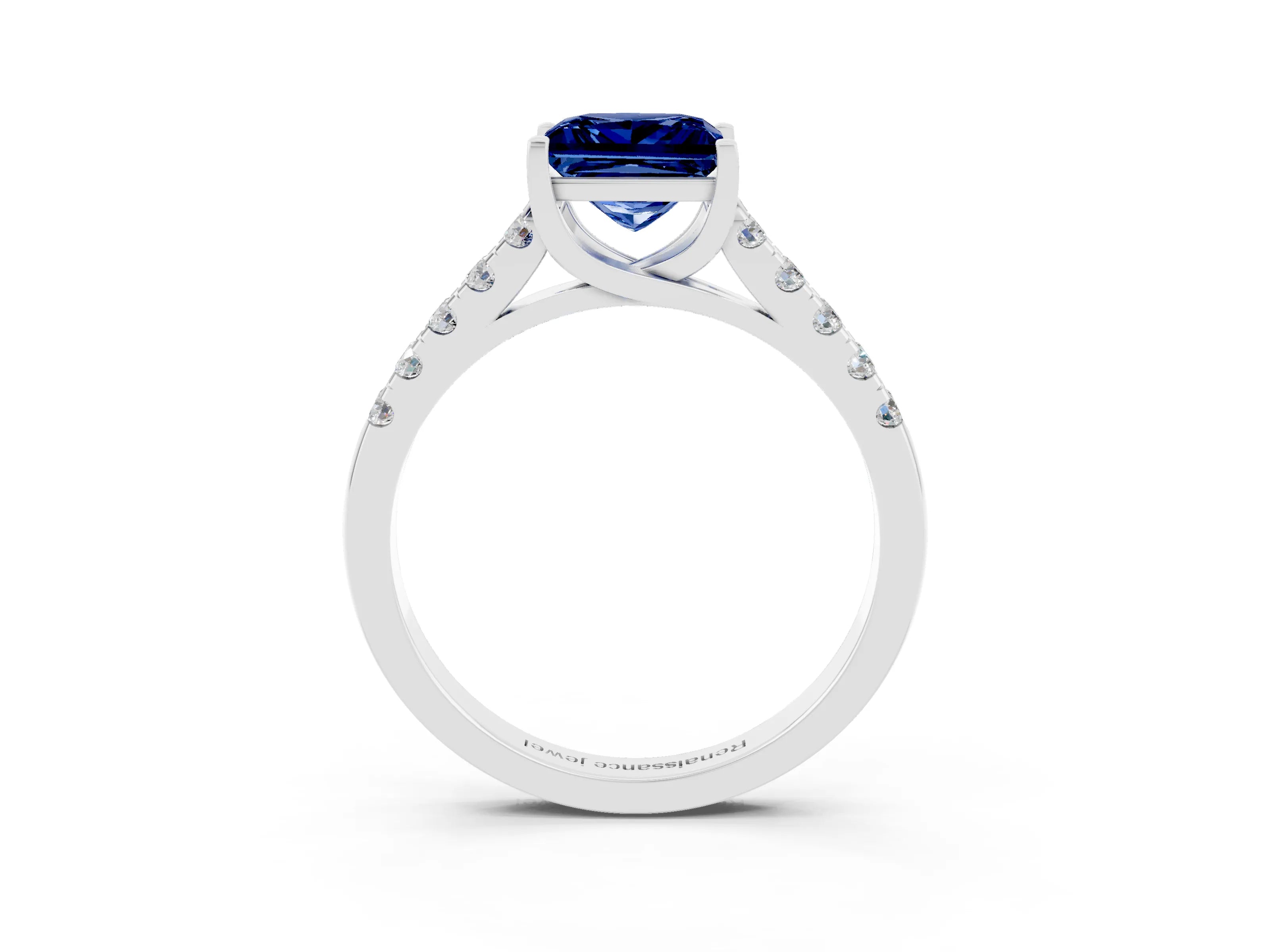 White gold {shape_name} Blue Sapphire Solitaire Ring with Pavé Band and Four-Prong Setting_15