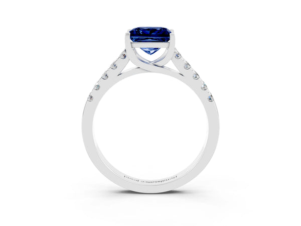 White gold Princess Cut Blue Sapphire Pavé Band Solitaire Ring with Prong Setting