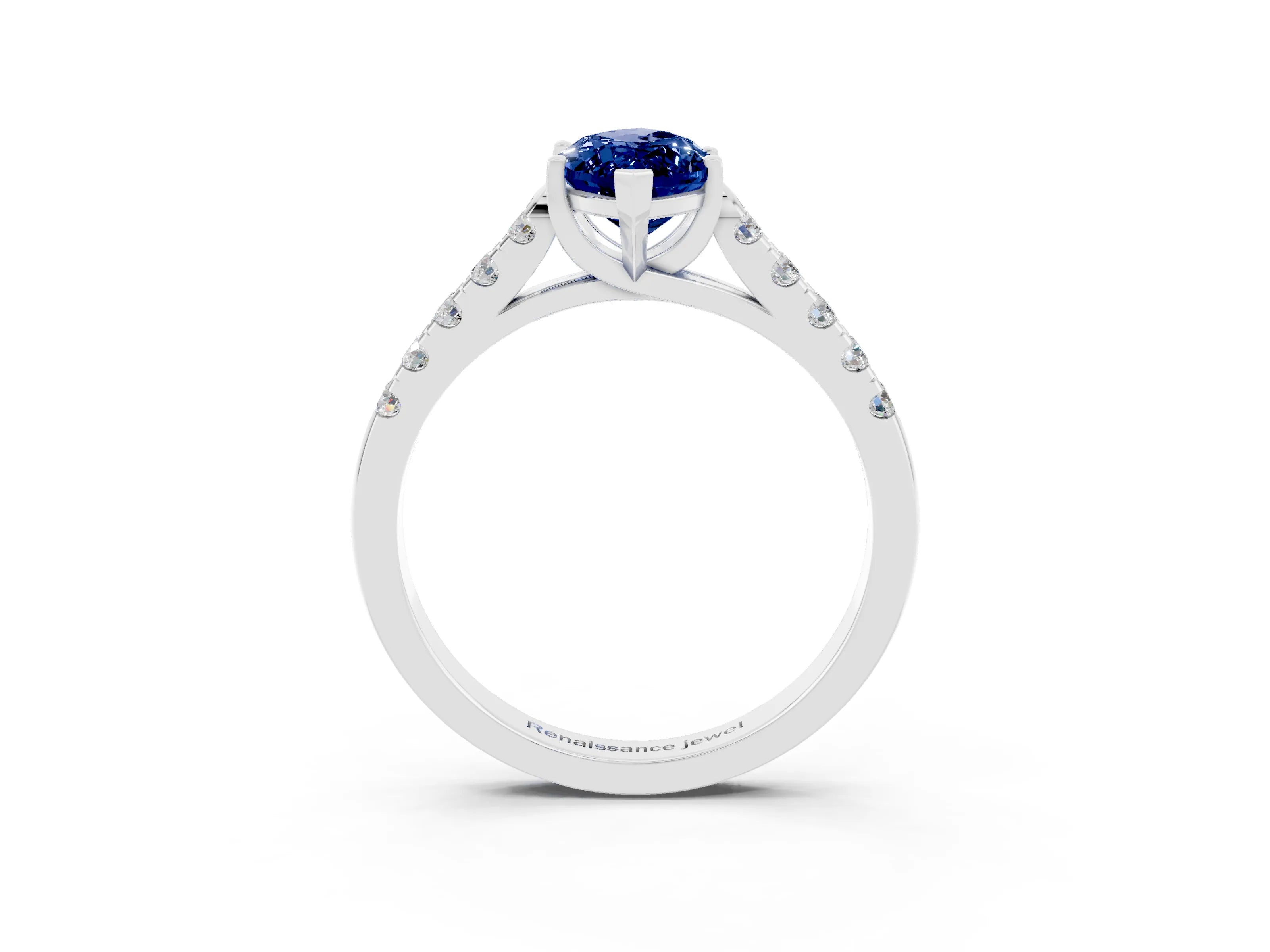 White gold {shape_name} Blue Sapphire Solitaire Ring with Pavé Band and Four-Prong Setting_15