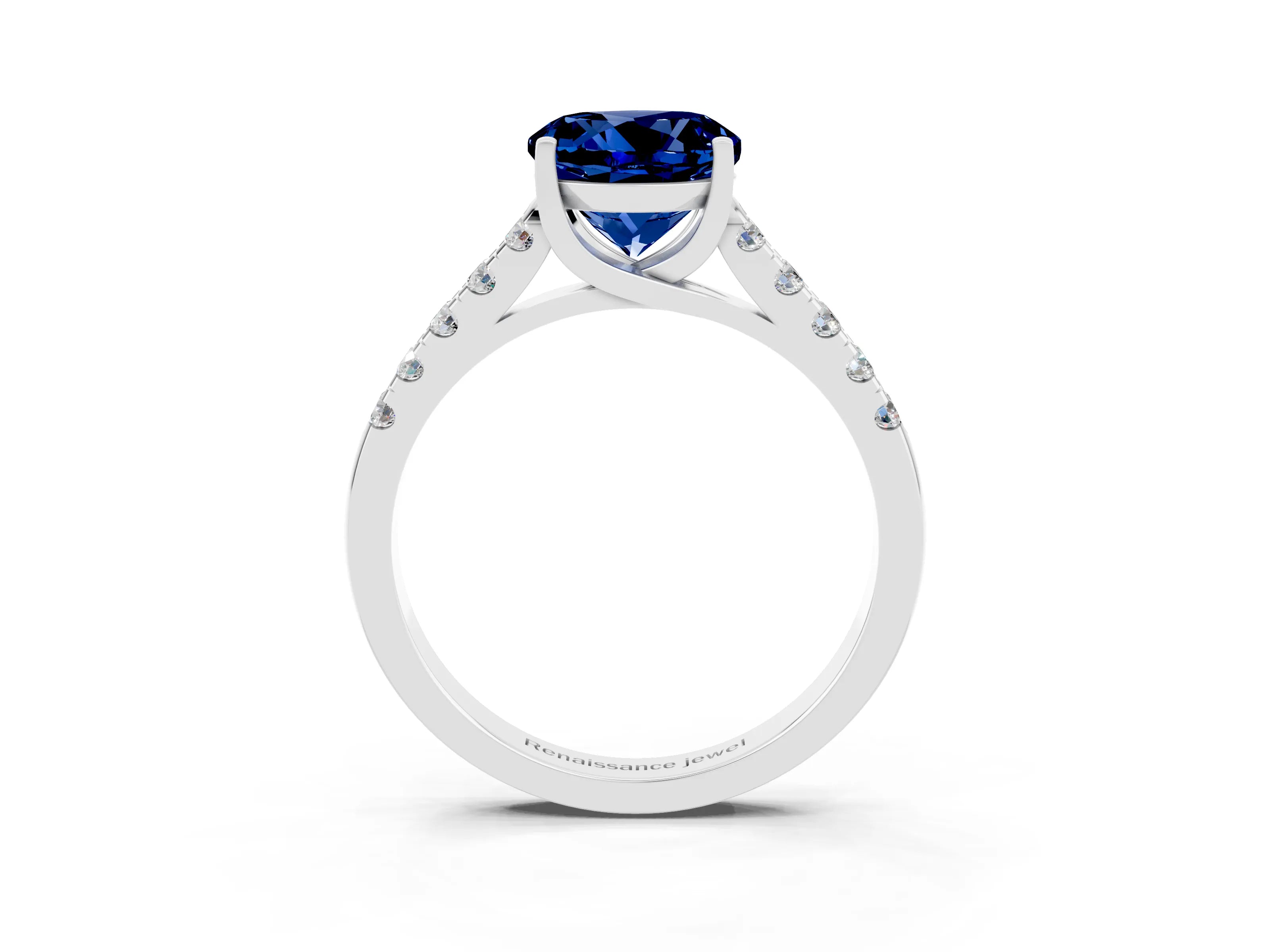 White gold {shape_name} Blue Sapphire Solitaire Ring with Pavé Band and Four-Prong Setting_15