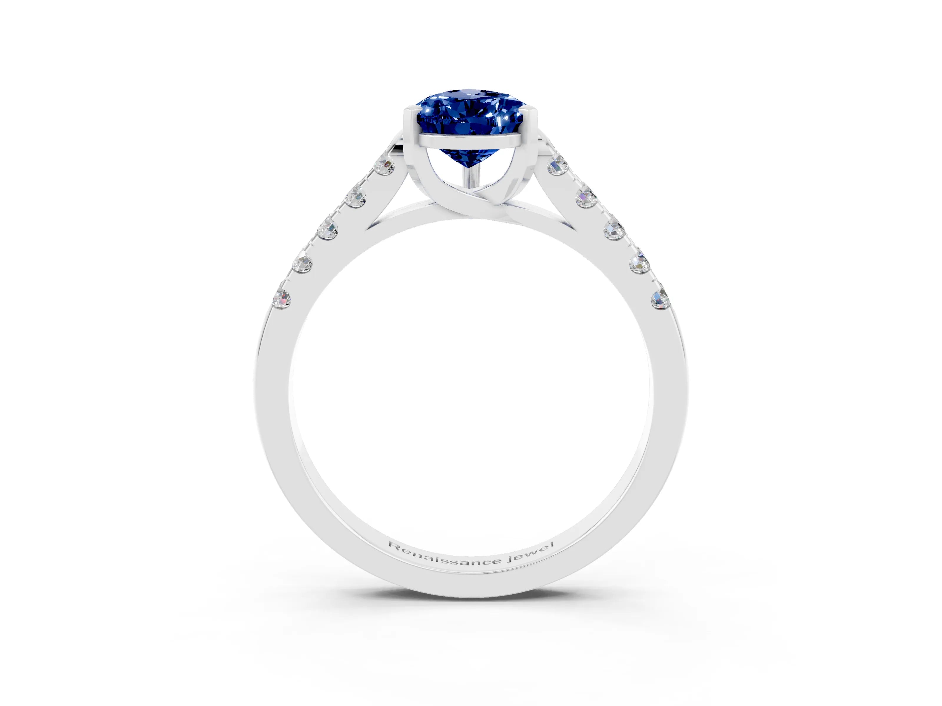 White gold {shape_name} Blue Sapphire Solitaire Ring with Pavé Band and Four-Prong Setting_15