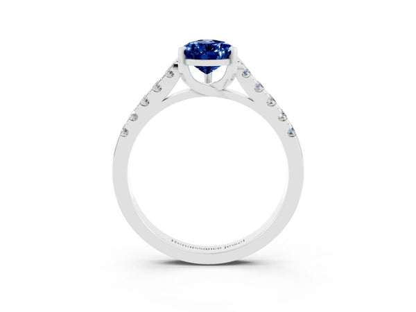 White gold Pear Cut Blue Sapphire Pavé Band Solitaire Ring with Prong Setting