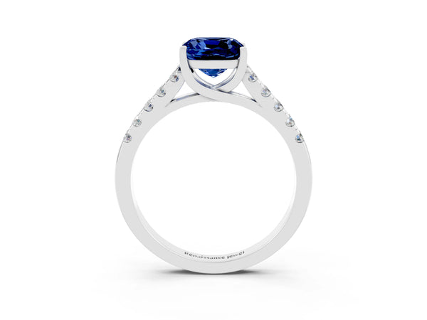 White gold Cushion Cut Blue Sapphire Pavé Band Solitaire Ring with Prong Setting