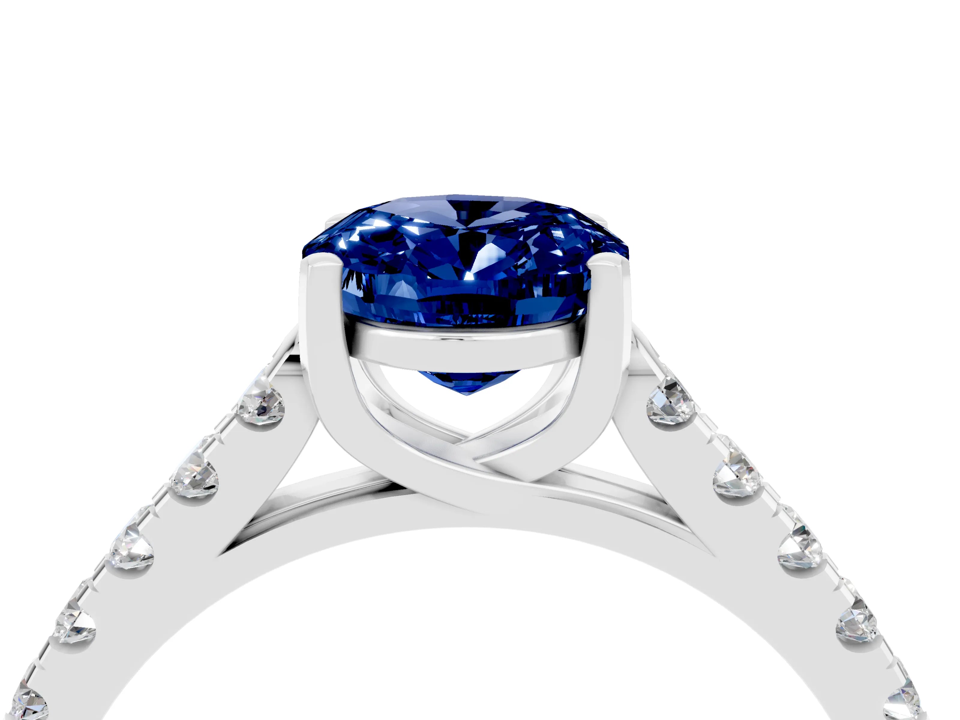 White gold {shape_name} Blue Sapphire Solitaire Ring with Pavé Band and Four-Prong Setting_16