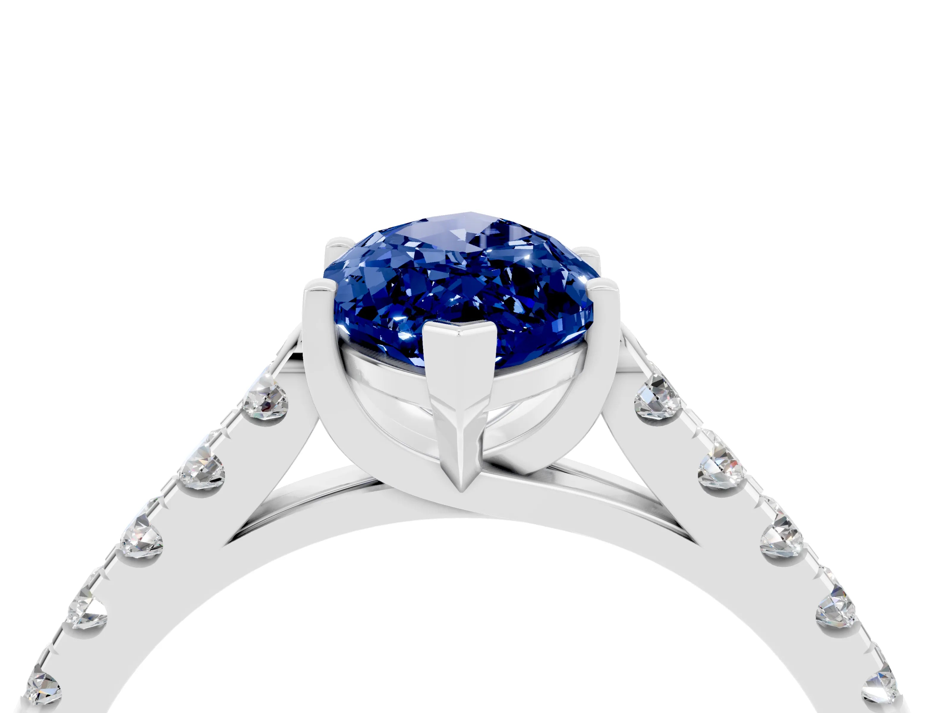 White gold {shape_name} Blue Sapphire Solitaire Ring with Pavé Band and Four-Prong Setting_16
