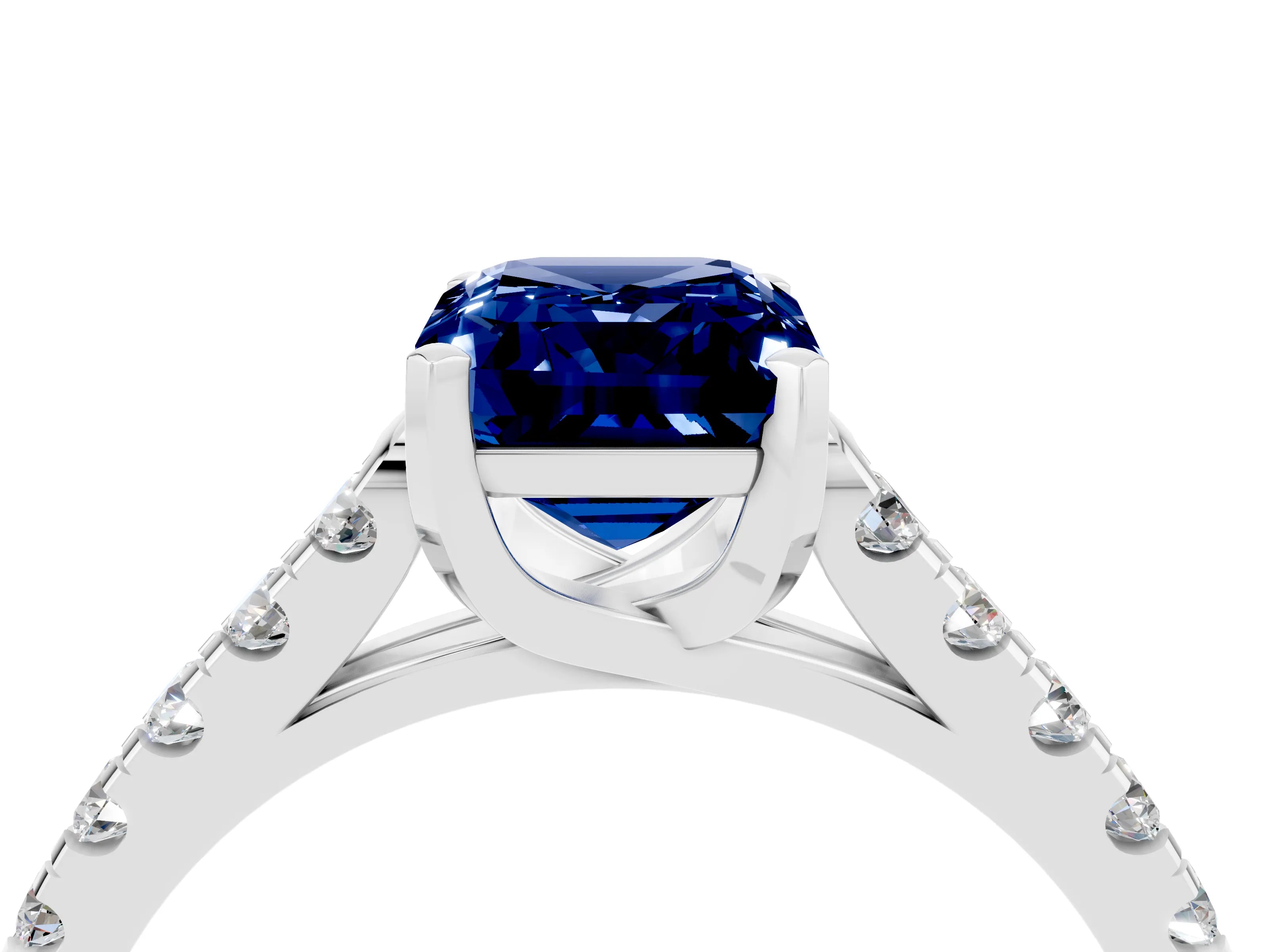 White gold {shape_name} Blue Sapphire Solitaire Ring with Pavé Band and Four-Prong Setting_16