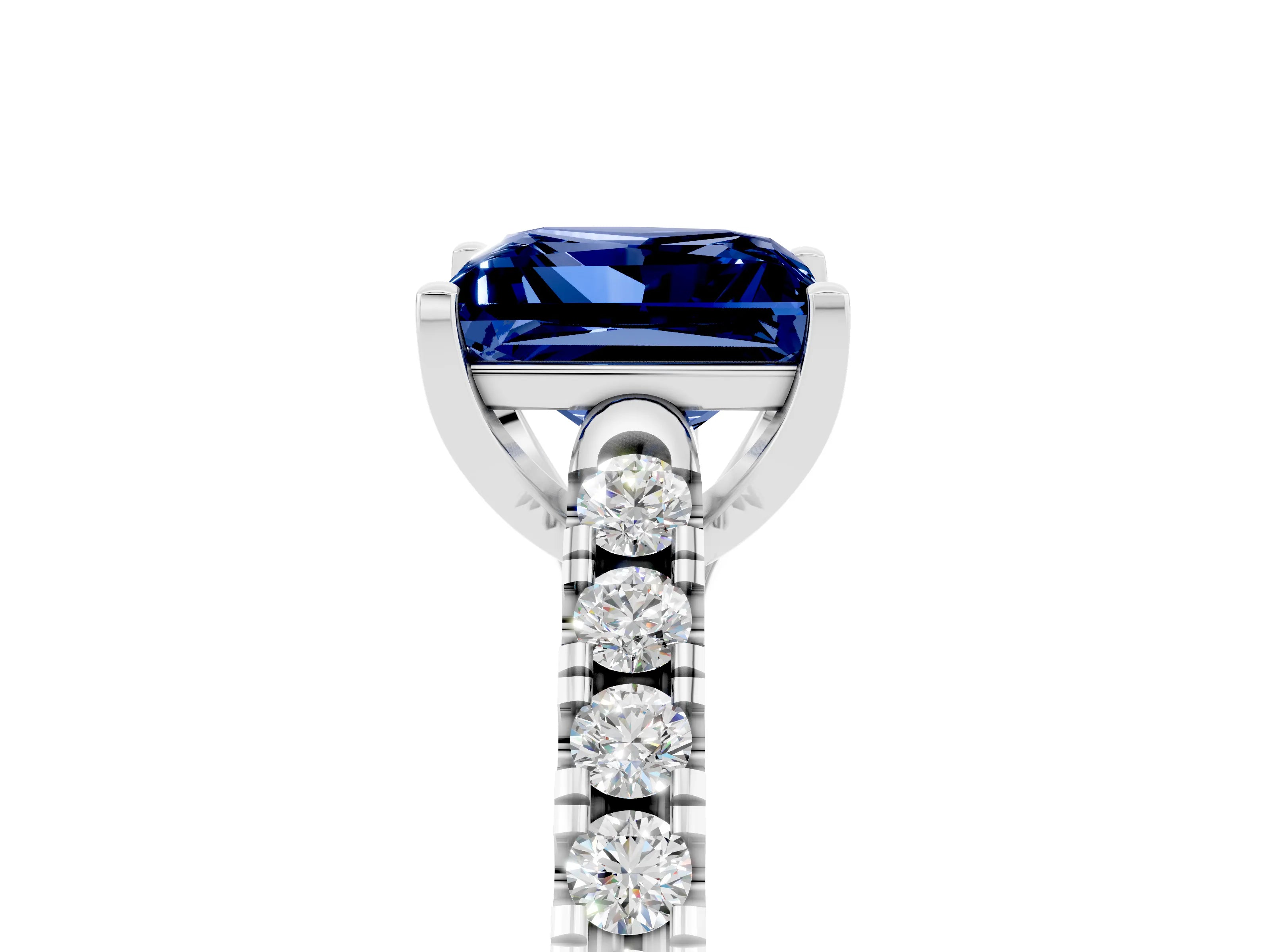 White gold {shape_name} Blue Sapphire Solitaire Ring with Pavé Band and Four-Prong Setting_17