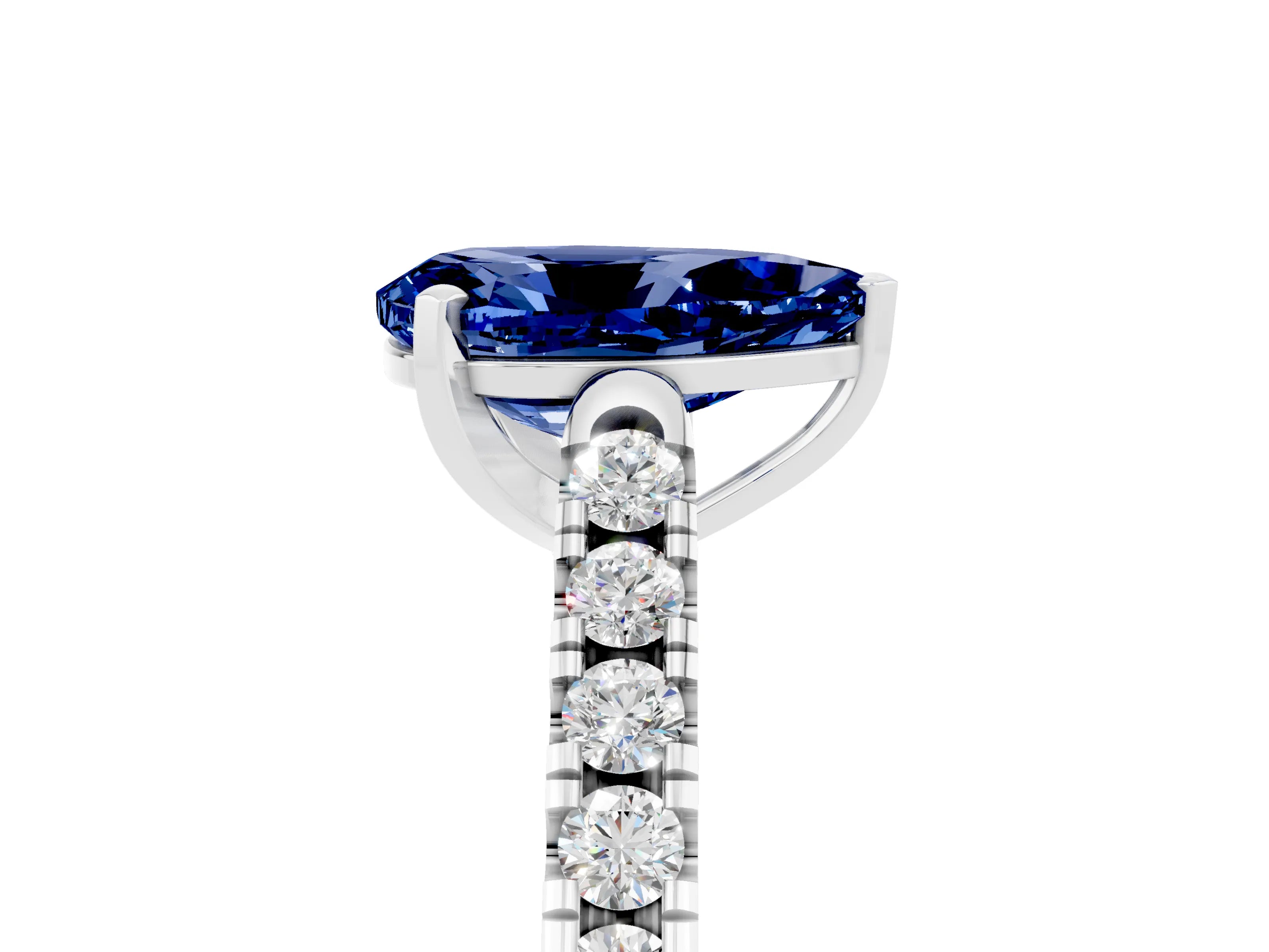White gold {shape_name} Blue Sapphire Solitaire Ring with Pavé Band and Four-Prong Setting_17