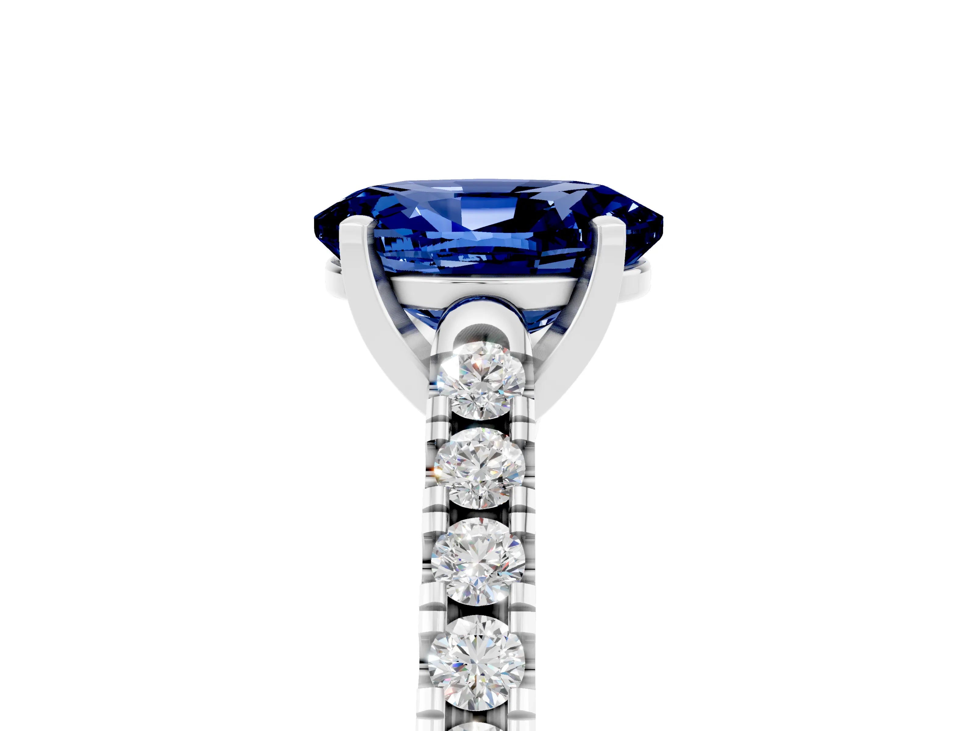 White gold {shape_name} Blue Sapphire Solitaire Ring with Pavé Band and Four-Prong Setting_17