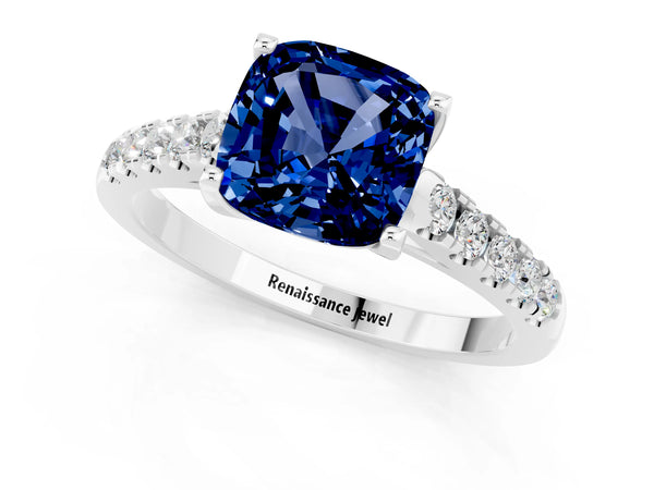 Platinum Cushion Cut Blue Sapphire Pavé Band Solitaire Ring with Prong Setting