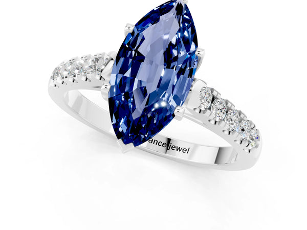 Silver Marquise Cut Blue Sapphire Pavé Band Solitaire Ring with Prong Setting