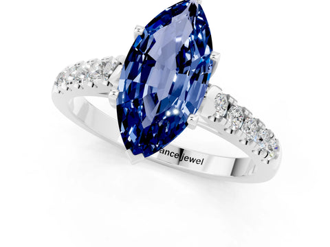 White gold {shape_name} Blue Sapphire Solitaire Ring with Pavé Band and Four-Prong Setting_1