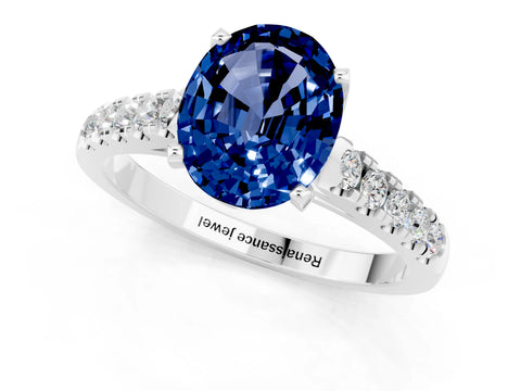 White gold {shape_name} Blue Sapphire Solitaire Ring with Pavé Band and Four-Prong Setting_1