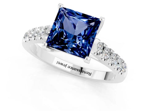 White gold {shape_name} Blue Sapphire Solitaire Ring with Pavé Band and Four-Prong Setting_1