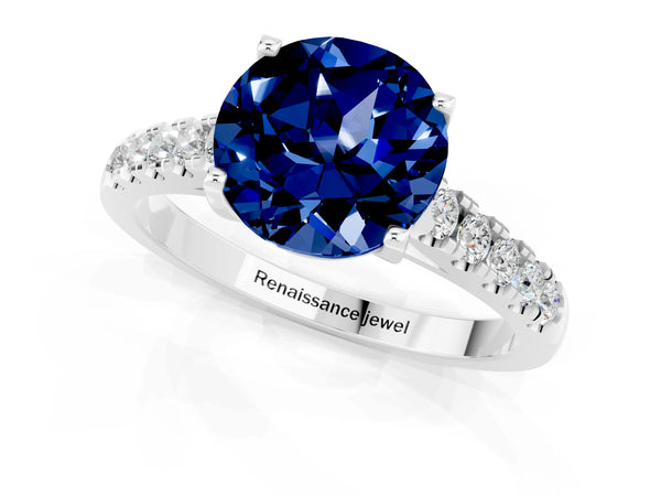 Platinum Round Cut Blue Sapphire Pavé Band Solitaire Ring with Prong Setting