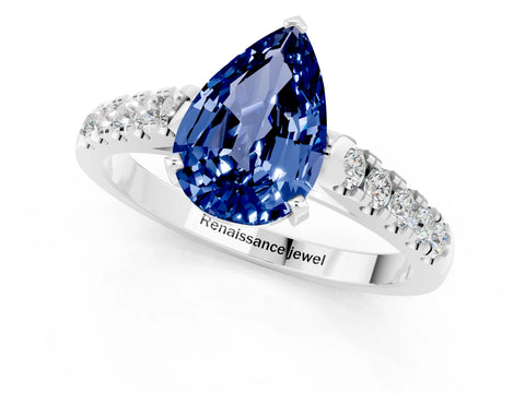 White gold {shape_name} Blue Sapphire Solitaire Ring with Pavé Band and Four-Prong Setting_1