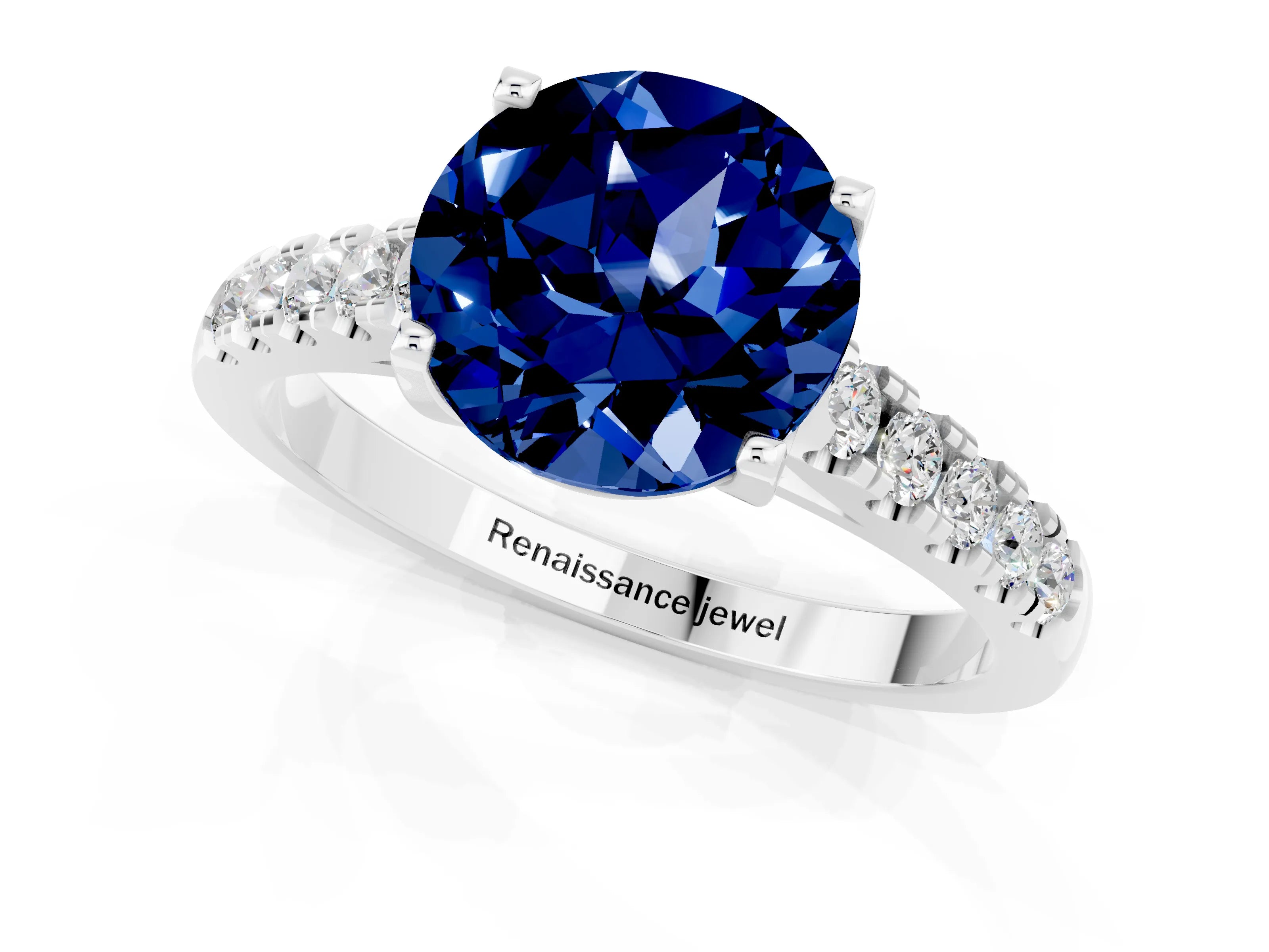 White gold {shape_name} Blue Sapphire Solitaire Ring with Pavé Band and Four-Prong Setting_1