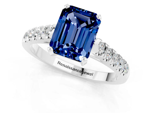 White gold {shape_name} Blue Sapphire Solitaire Ring with Pavé Band and Four-Prong Setting_1