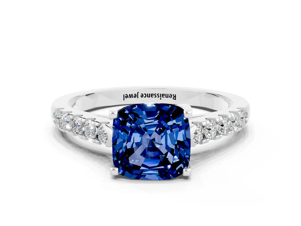 Platinum Cushion Cut Blue Sapphire Pavé Band Solitaire Ring with Prong Setting