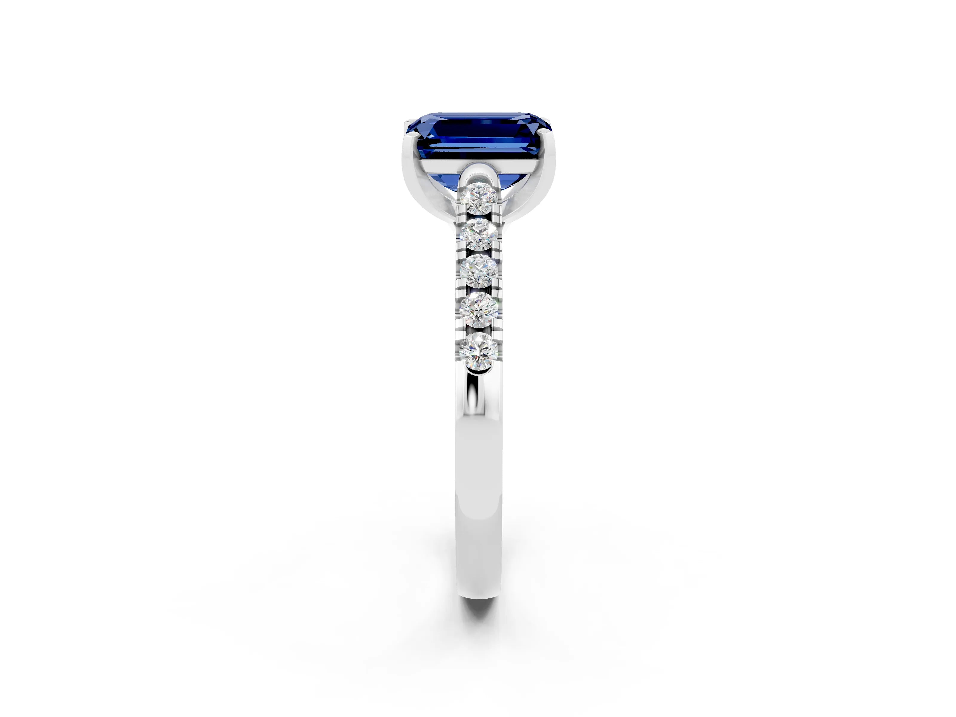 White gold {shape_name} Blue Sapphire Solitaire Ring with Pavé Band and Four-Prong Setting_2