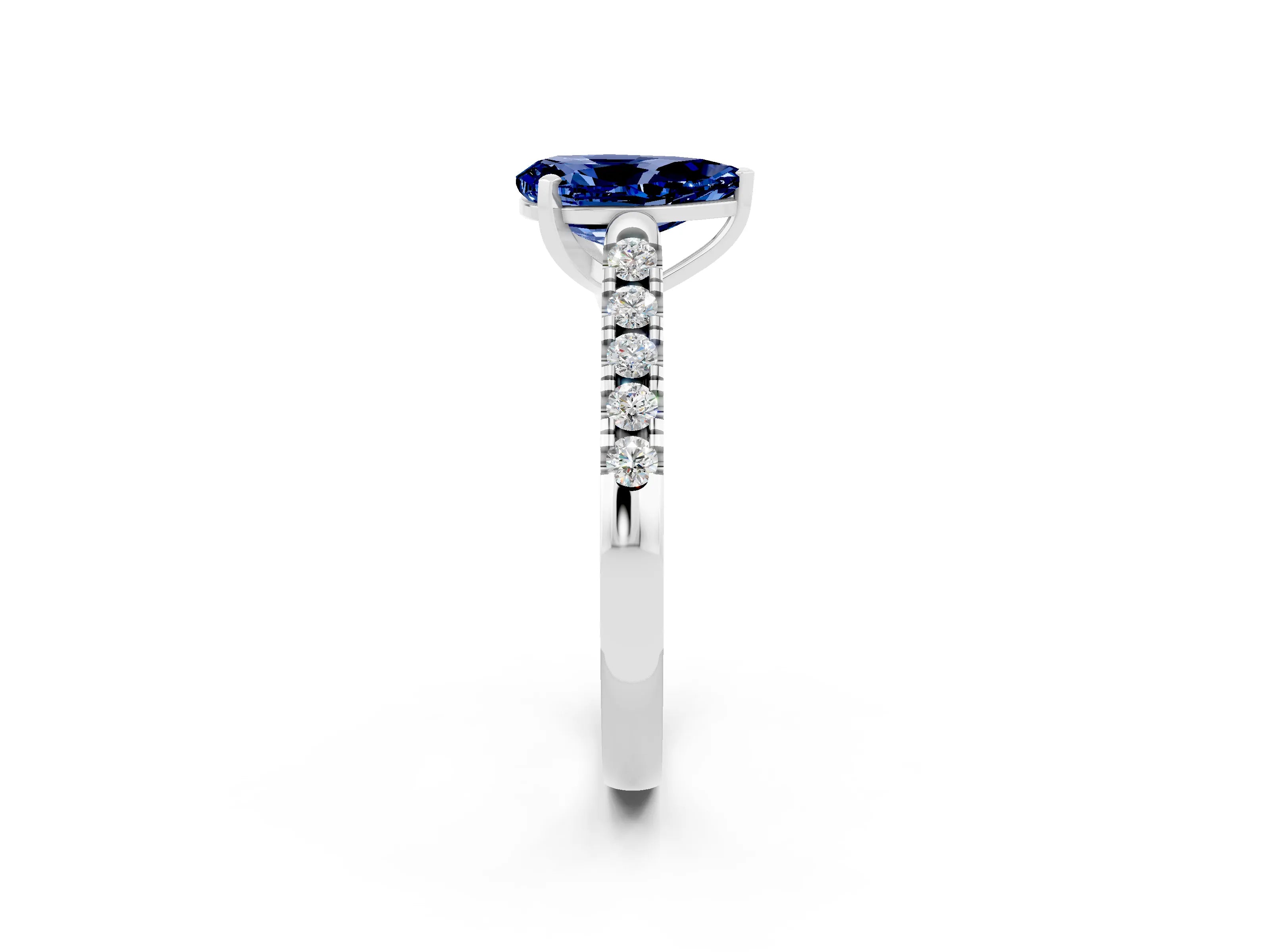 White gold {shape_name} Blue Sapphire Solitaire Ring with Pavé Band and Four-Prong Setting_2