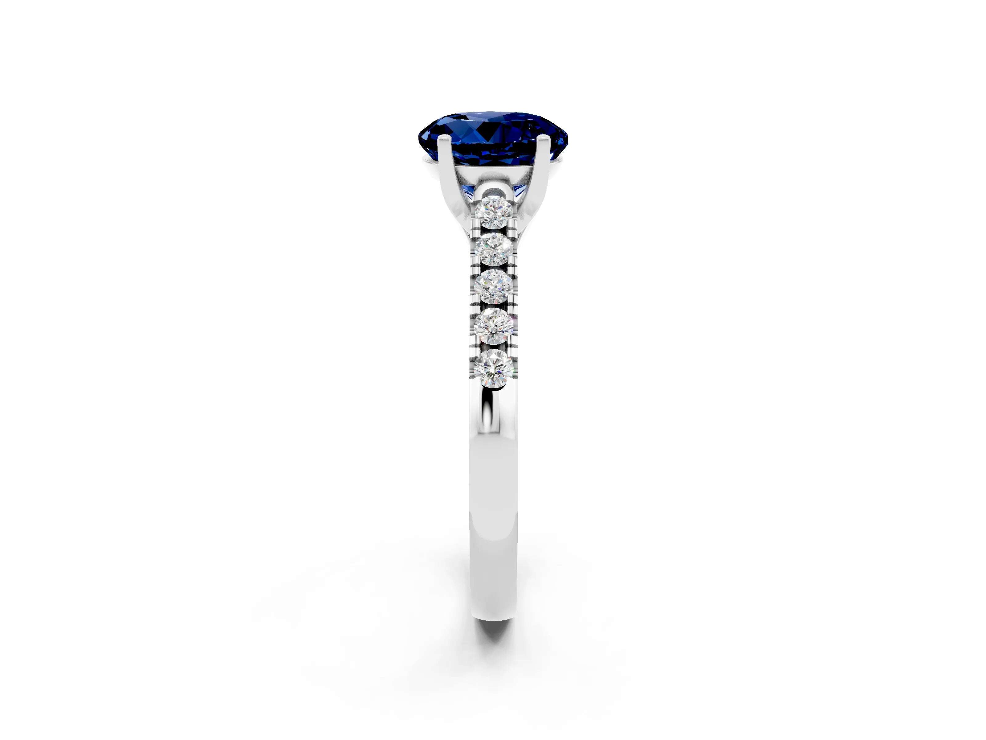White gold {shape_name} Blue Sapphire Solitaire Ring with Pavé Band and Four-Prong Setting_2