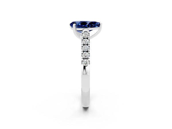 Platinum Pear Cut Blue Sapphire Pavé Band Solitaire Ring with Prong Setting