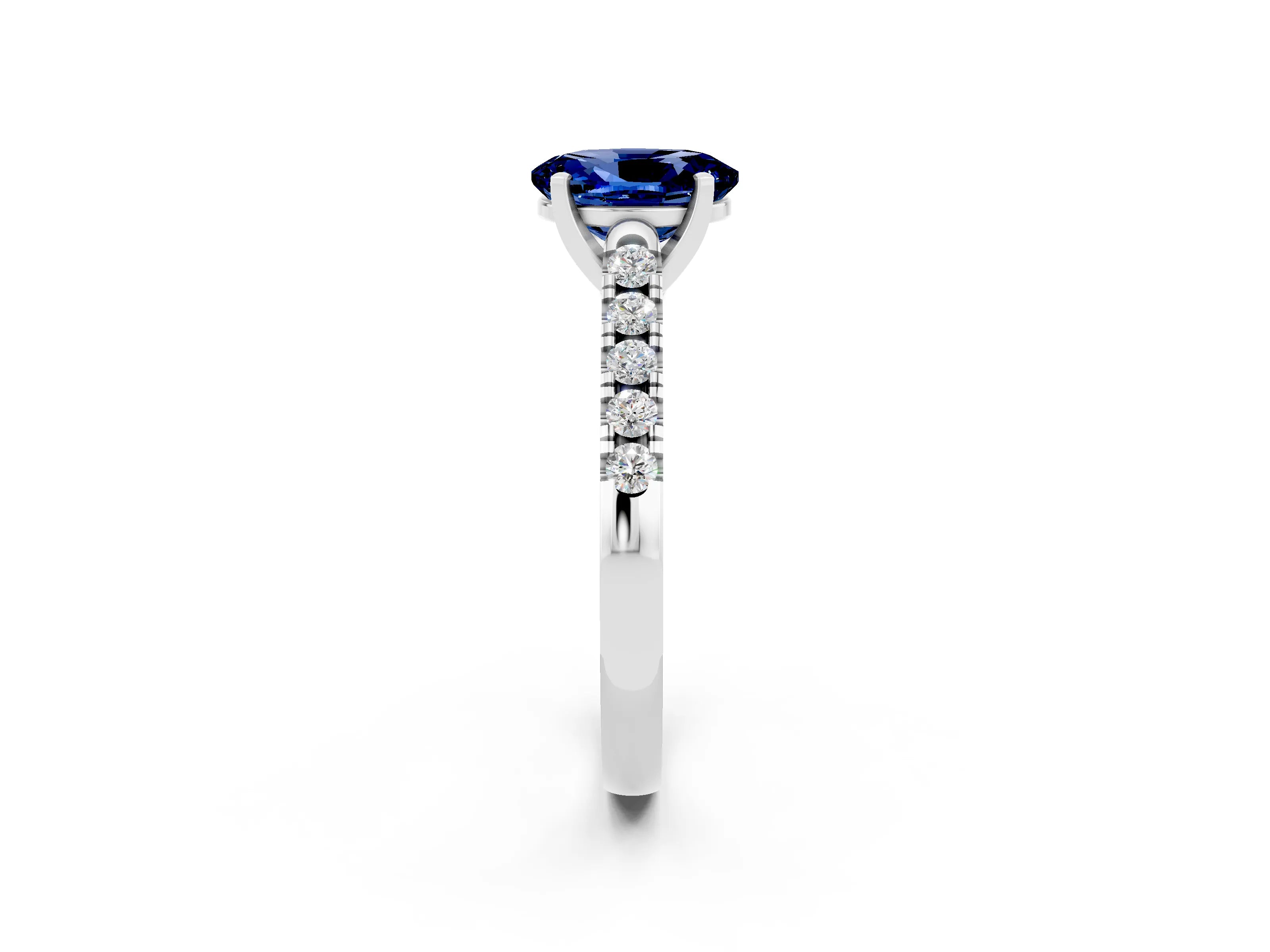 White gold {shape_name} Blue Sapphire Solitaire Ring with Pavé Band and Four-Prong Setting_2