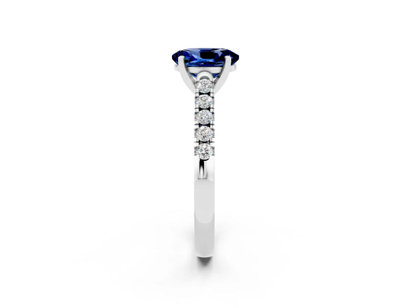 Platinum Oval Cut Blue Sapphire Pavé Band Solitaire Ring with Prong Setting