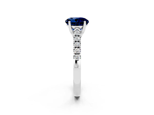 Silver Round Cut Blue Sapphire Pavé Band Solitaire Ring with Prong Setting