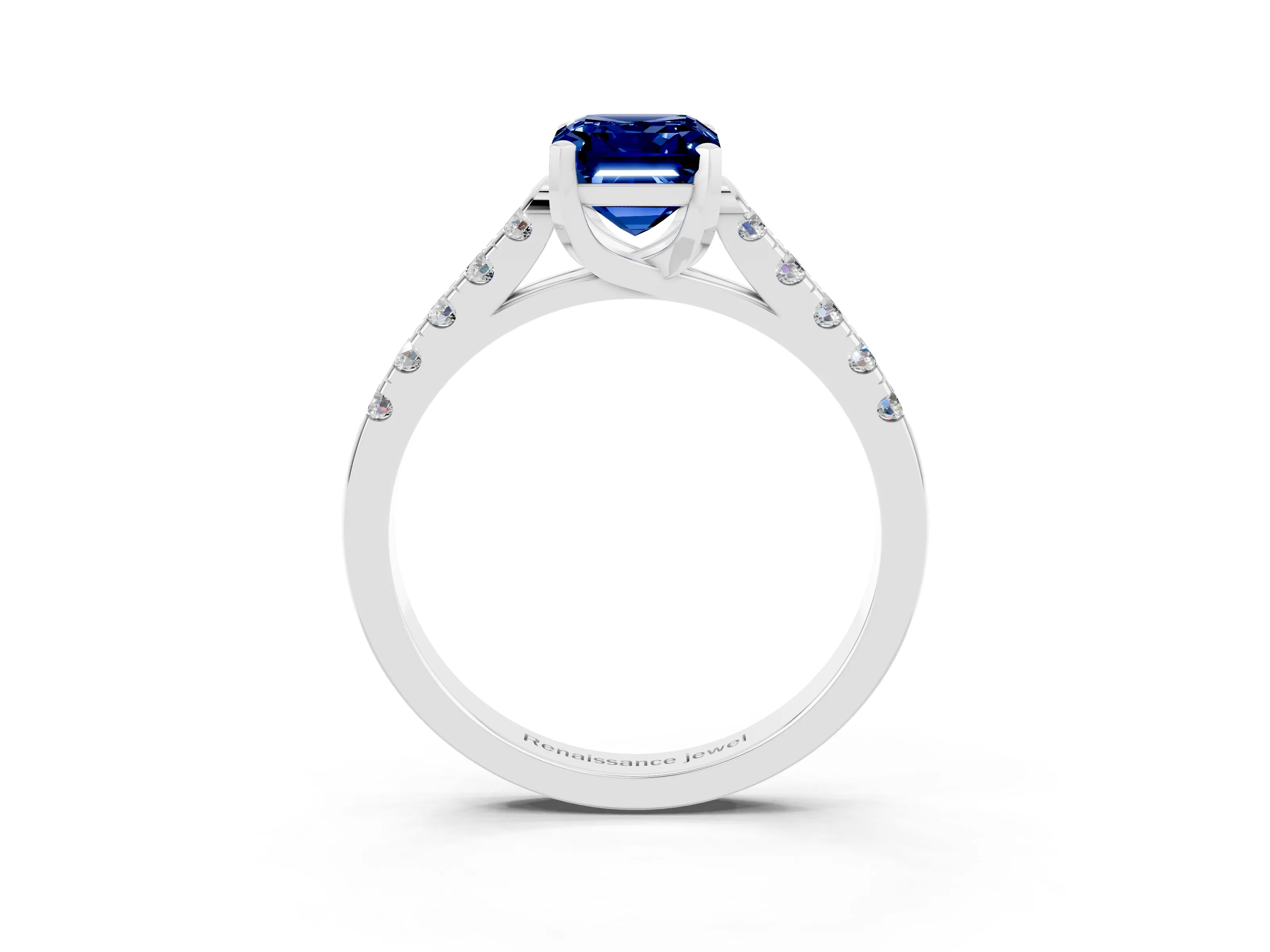 White gold {shape_name} Blue Sapphire Solitaire Ring with Pavé Band and Four-Prong Setting_3