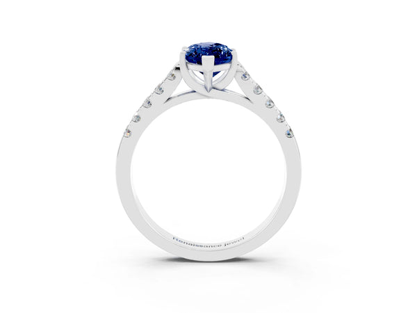 Platinum Marquise Cut Blue Sapphire Pavé Band Solitaire Ring with Prong Setting