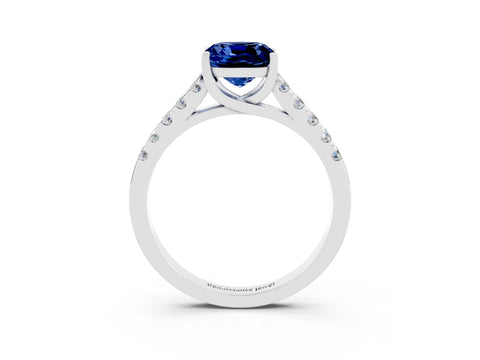White gold {shape_name} Blue Sapphire Solitaire Ring with Pavé Band and Four-Prong Setting_3