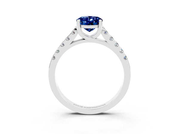 Silver Oval Cut Blue Sapphire Pavé Band Solitaire Ring with Prong Setting
