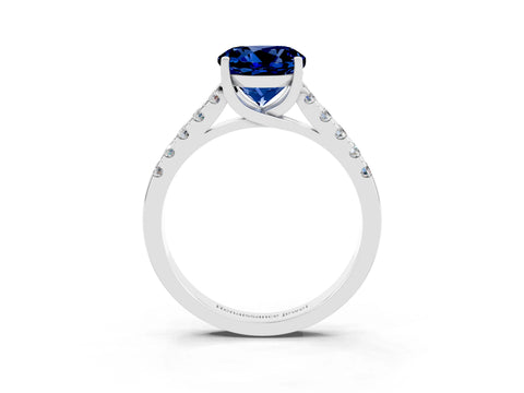 White gold {shape_name} Blue Sapphire Solitaire Ring with Pavé Band and Four-Prong Setting_3