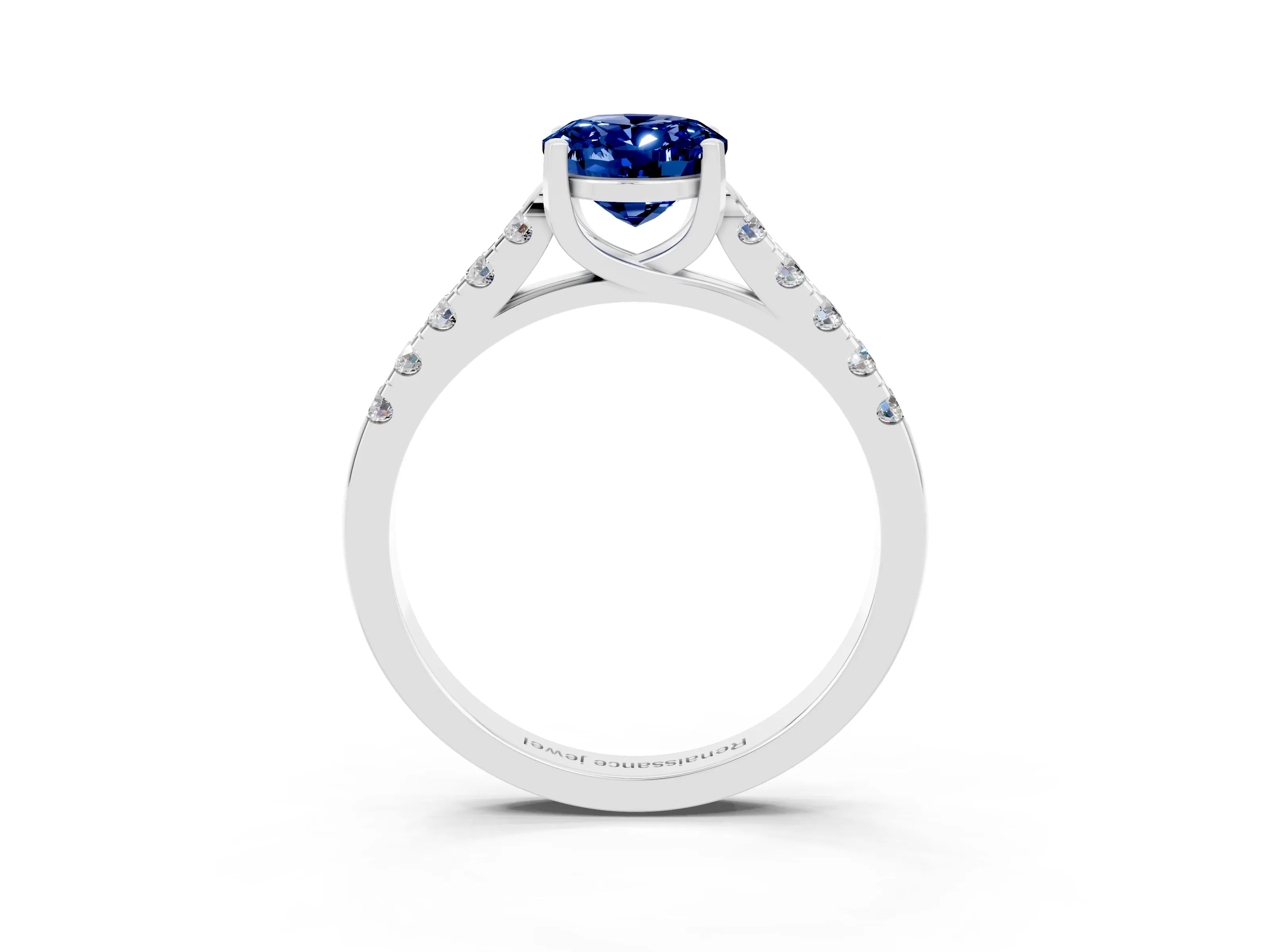 White gold {shape_name} Blue Sapphire Solitaire Ring with Pavé Band and Four-Prong Setting_3