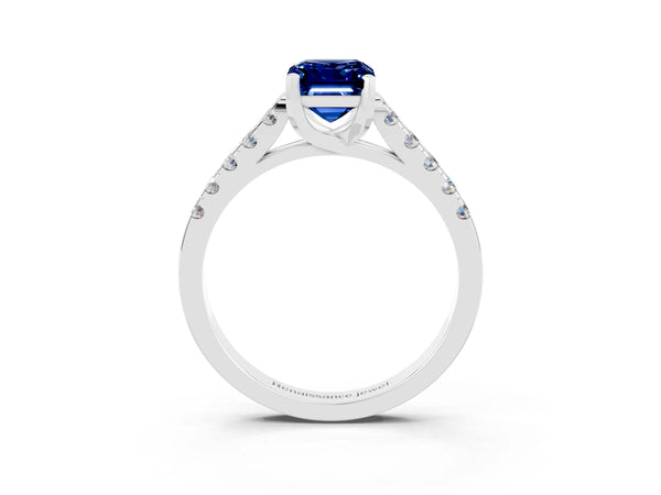 Silver Emerald Cut Blue Sapphire Pavé Band Solitaire Ring with Prong Setting