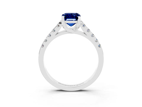 White gold {shape_name} Blue Sapphire Solitaire Ring with Pavé Band and Four-Prong Setting_3