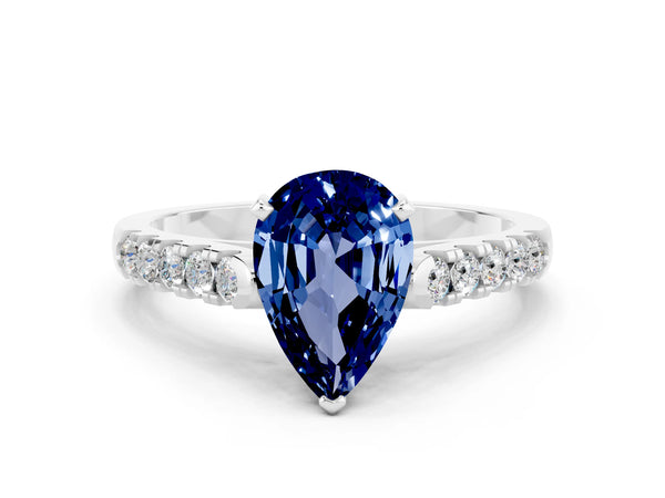 Silver Pear Cut Blue Sapphire Pavé Band Solitaire Ring with Prong Setting