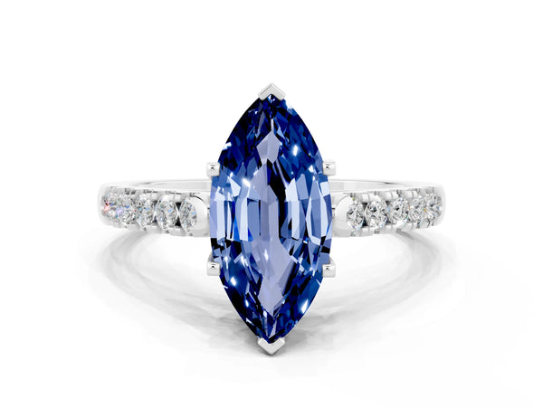 Silver Marquise Cut Blue Sapphire Pavé Band Solitaire Ring with Prong Setting
